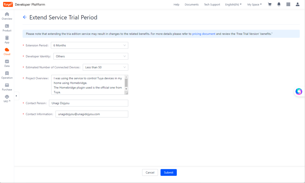 HomebridgeにTuya Smartをリンクさせる
Tuya Developer Platform
Extend Sevice Trial Period
